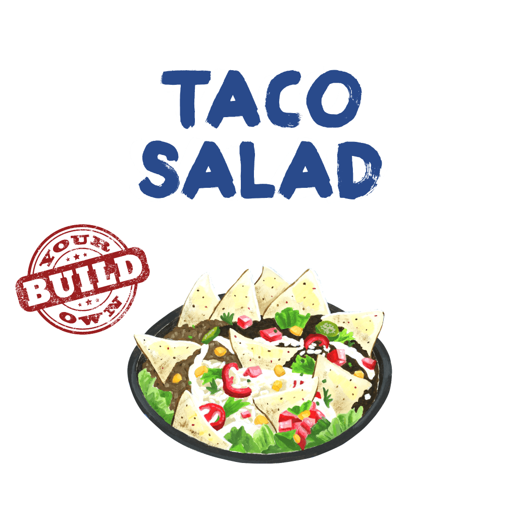<H1> Large bowl filled with lettuce, tortilla chips, cheese, rice, beans, salsa and  your choice of additional ingredients 